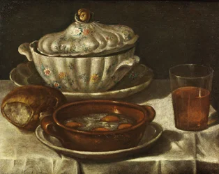 Still Life with Lidded Tureen, Brown Earthenware Bowl, Bread and Wine Glass